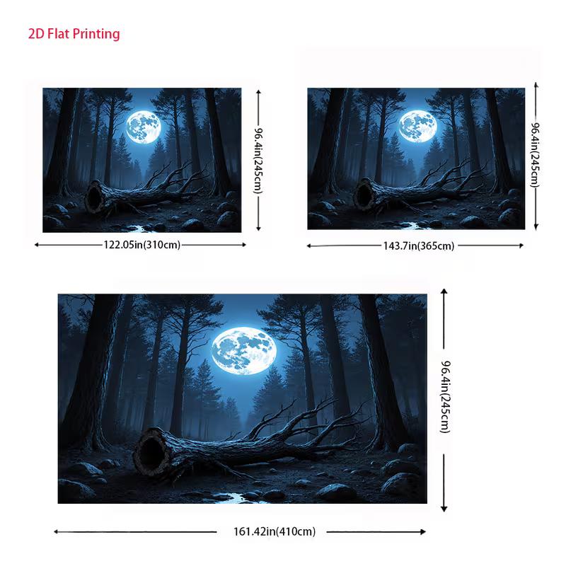 2D Full Moon Forest Banner, Dark Blue Night Woods with Fallen Tree