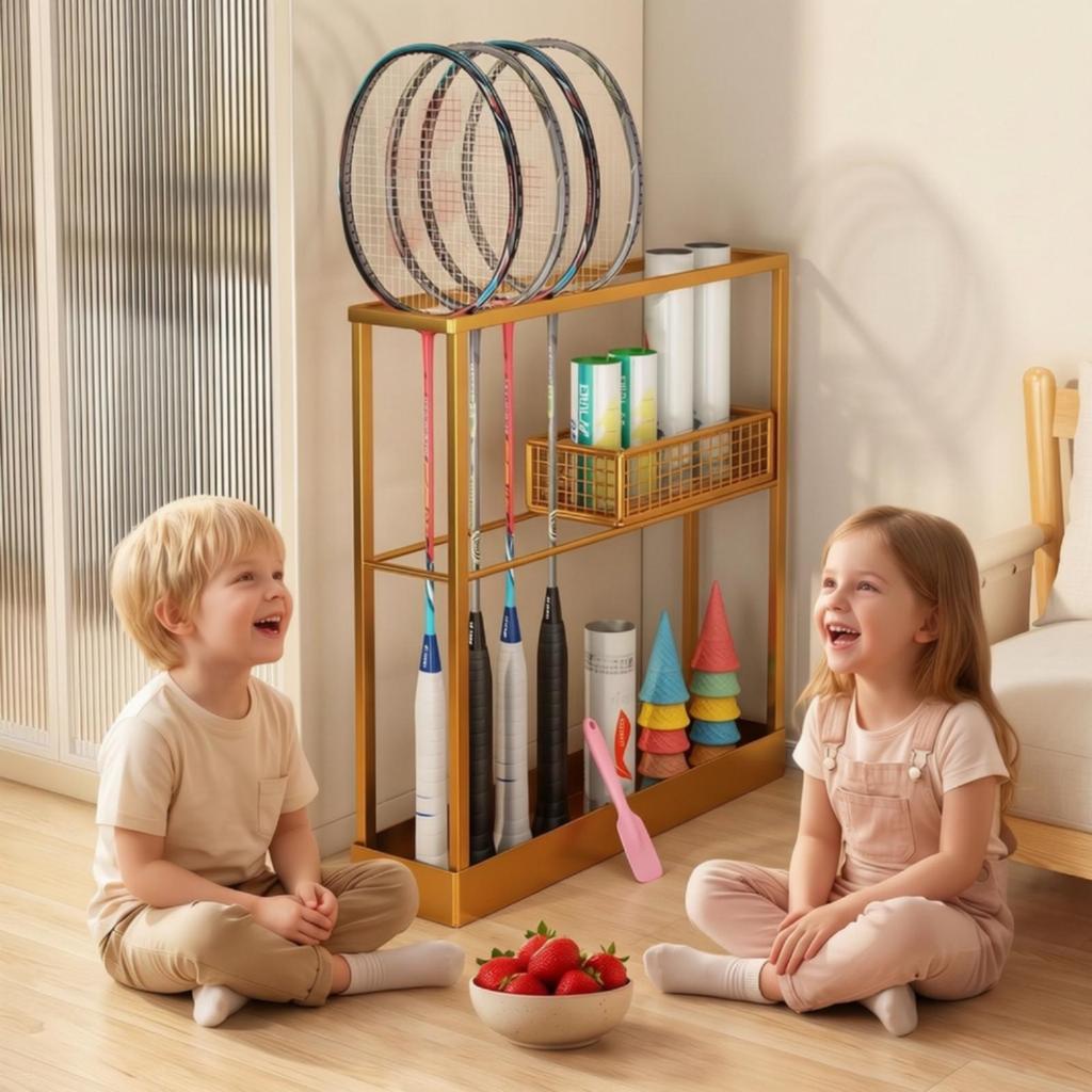 Sports Storage Rack with Basket | Floor-Standing, Badminton Racket Holder, for