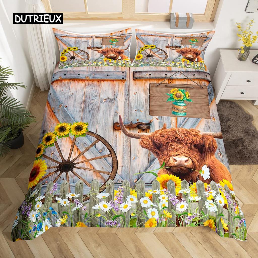 Kuh Bettbezug Set Twin King Size Bauernhoftier Bettwäsche Set Grüner Rankenblätter Druck Bettdeckenbezug Rustikale Holzbrett Steppdecke
