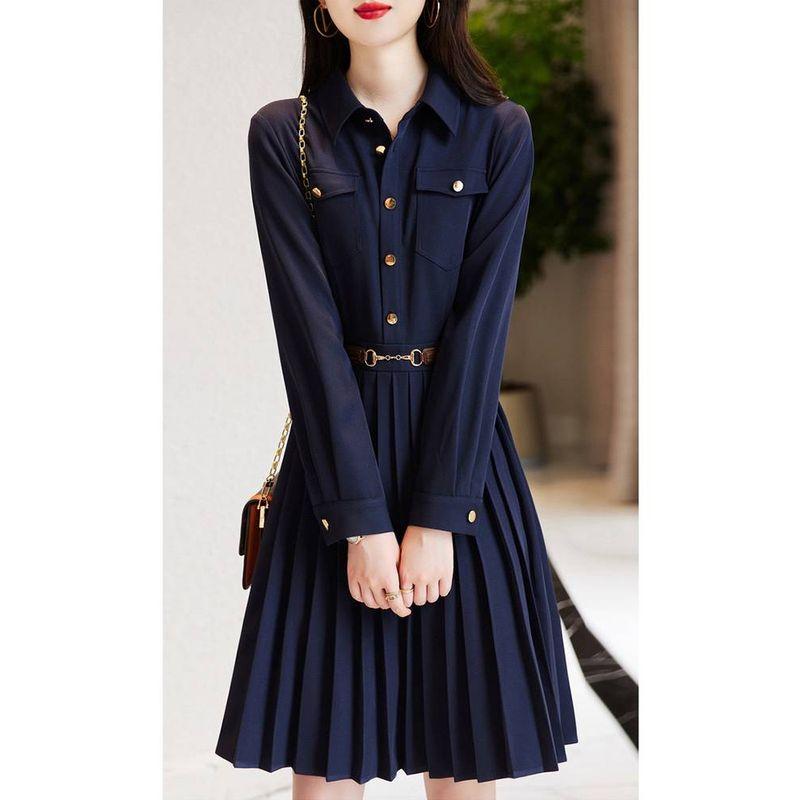 

Counter Mall Withdraw International Big Brand Label Cutting OEM Goods Tail Single Women s Clothing Elegant Simple Dress Lapel Pleated Skirt Navy S