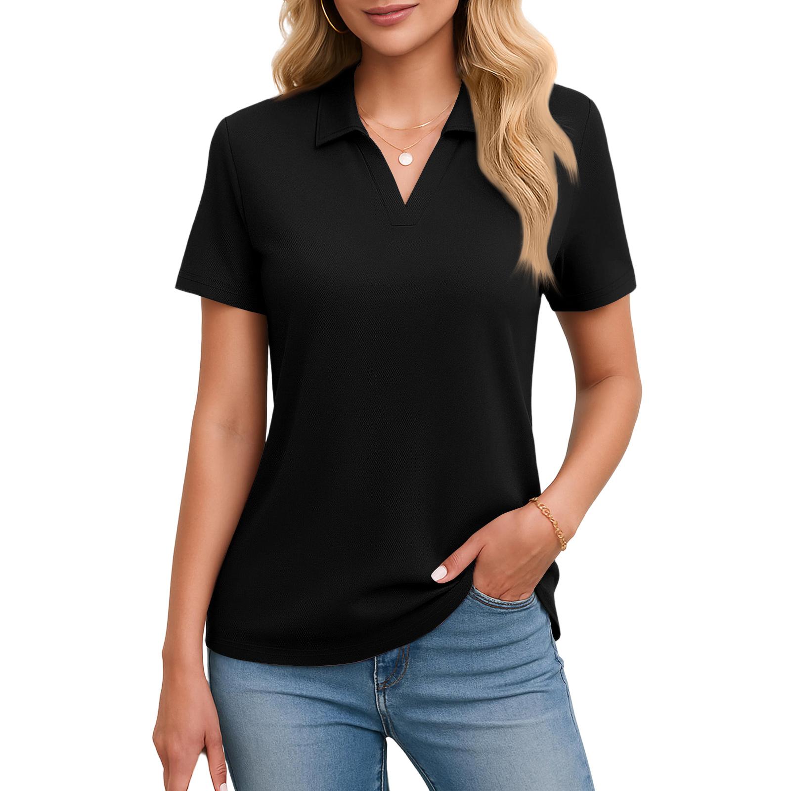Women s Short Sleeves T Shirts Summer V Neck Shirts Collared Casual Basic Tees Blouse M чёрный