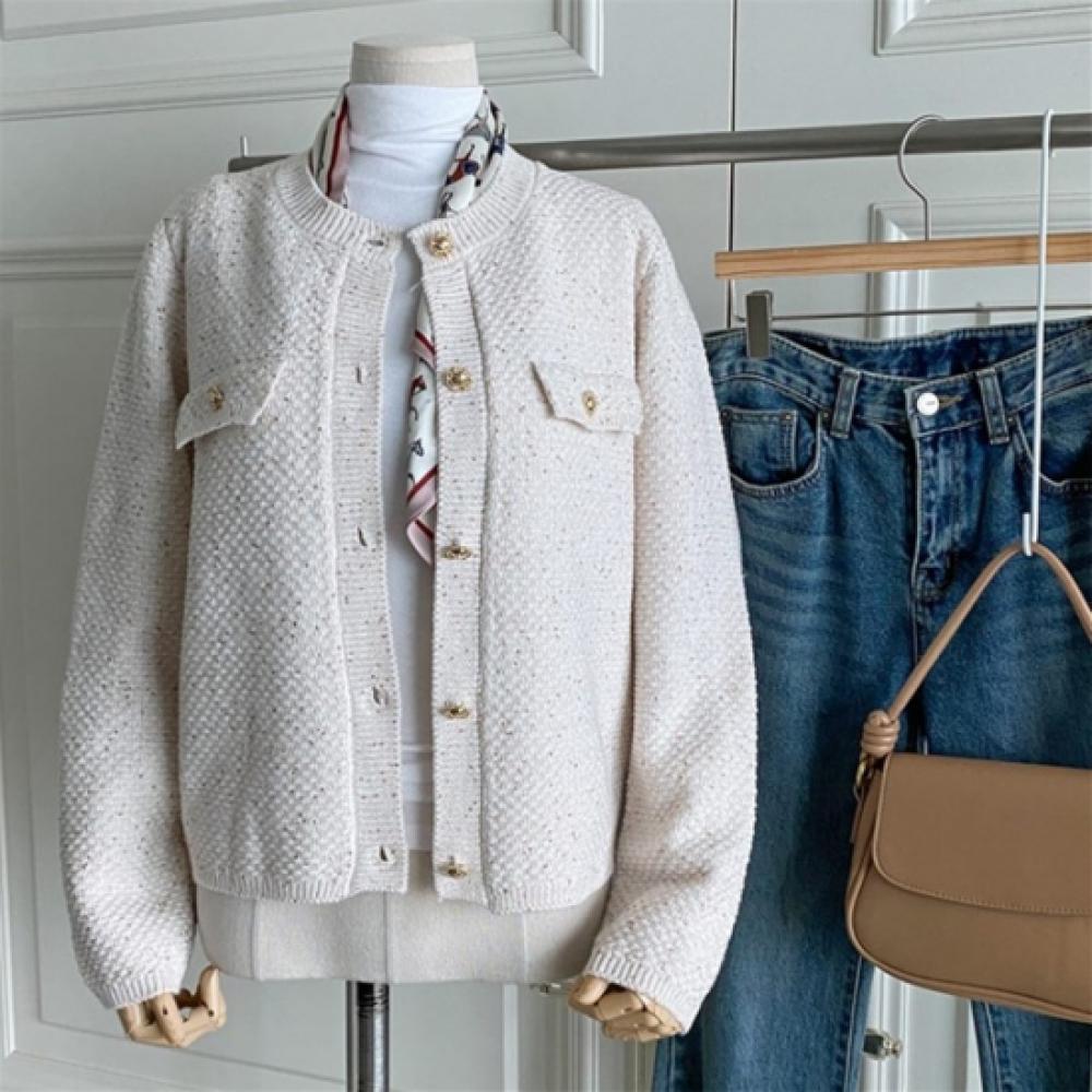 New Arrivals Open Run Women Vintage Button Glitter Tweed Two Tone Cardigan