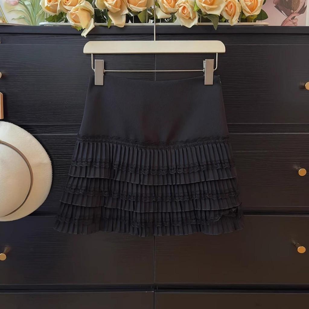 Autumn Lace Trim High Waist A-Line Pleated Skirt for Women, Plus Size, Anti-Exposure