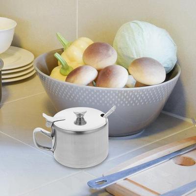 Stainless Steel Sugar Bowls with Lid and Spoon Space Saving Kitchen Condiment Jar for Sugar Salt Pepper Fresh Keeping