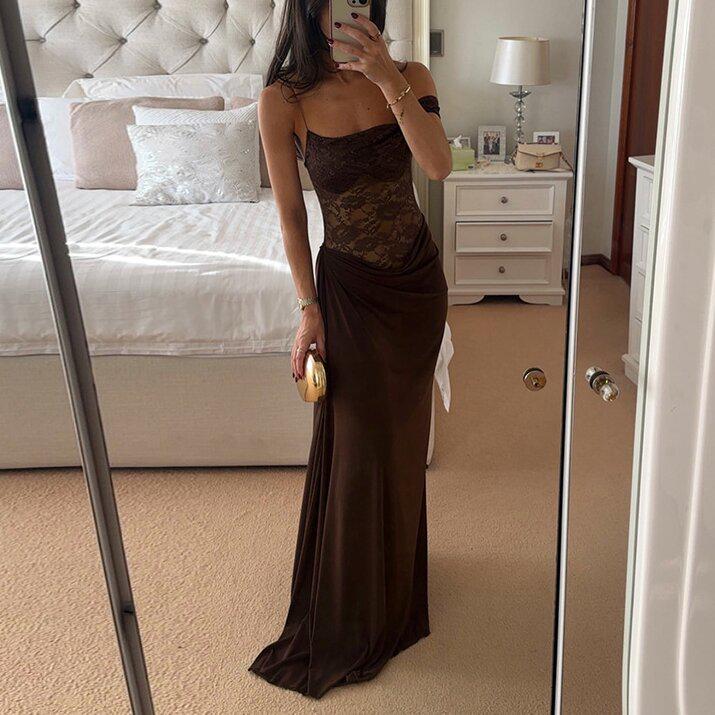 European Summer 2025 Sexy Spaghetti Strap Lace Patchwork Long Dress for Women