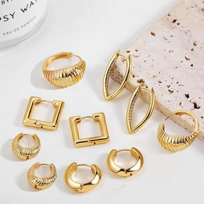 Creative Design Smooth Square Round Chunky Hoop Earrings for Women Gold Plated Thread Texture Ear Piercing Huggie Hoops Gift