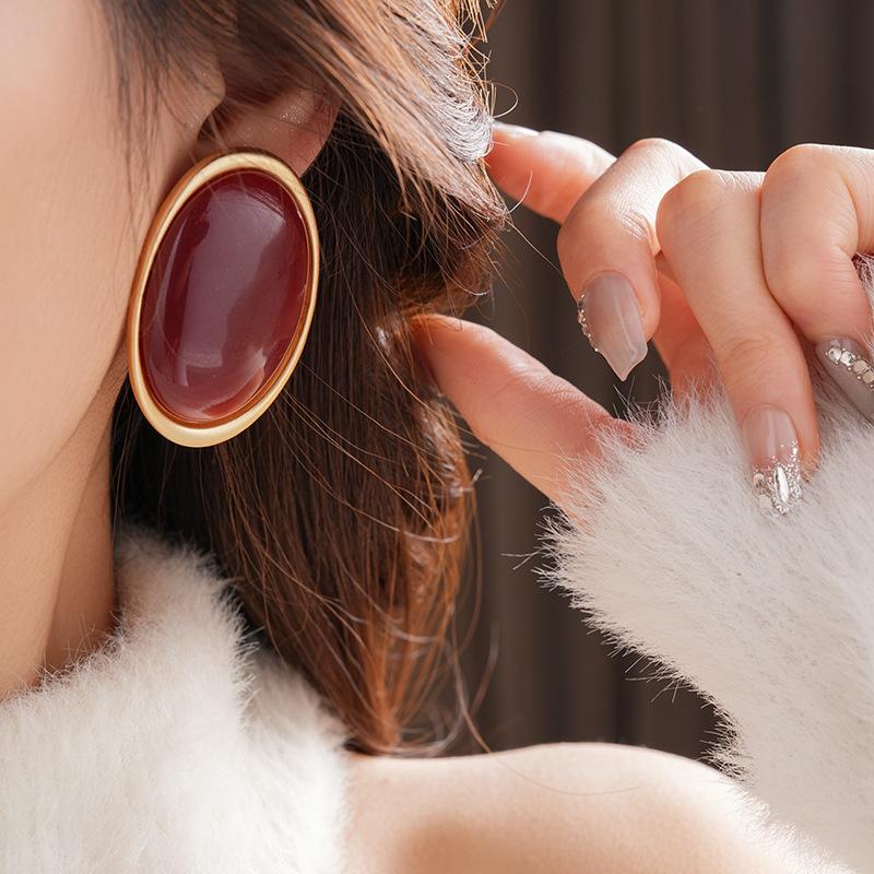Vintage Red Resin Women's Earrings Stud Earrings Luxury large Geometric Oval earrings Party Wedding Ear Jewelry Wholesale