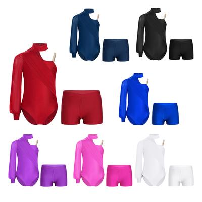 Girls Dance Outfit One Shoulder Long Sleeve Ruched Mesh Leotard with V Front Shorts for Figure Skating Gymnastics