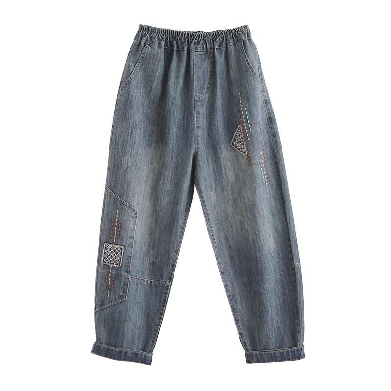 Jarní a letní dámské ležérní harémové kalhoty vyšívané dámské zkrácené kalhoty volné plus size džíny dámské