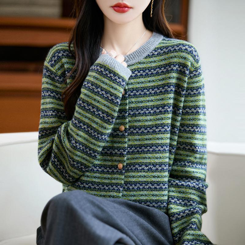 Retro Round-neck Knitted Cardigan, Long-sleeved, Color-blocking Jacquard Loose Top Coat for Autumn and Winter New Style