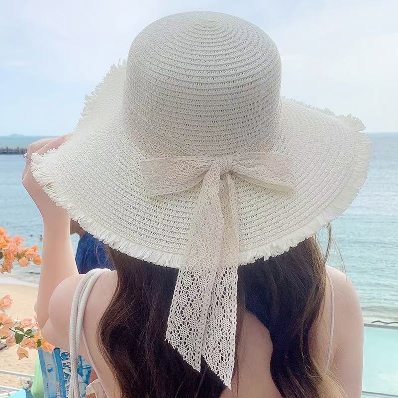 New bow lace straw hat women's summer seaside beach vacation sun hat large brim sun protection hat