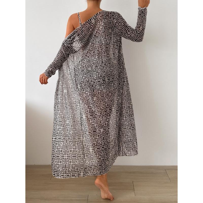 Women's Geometric Print Drawstring Bikini Set with Sheer Cover Up 3 Piece Swimwear