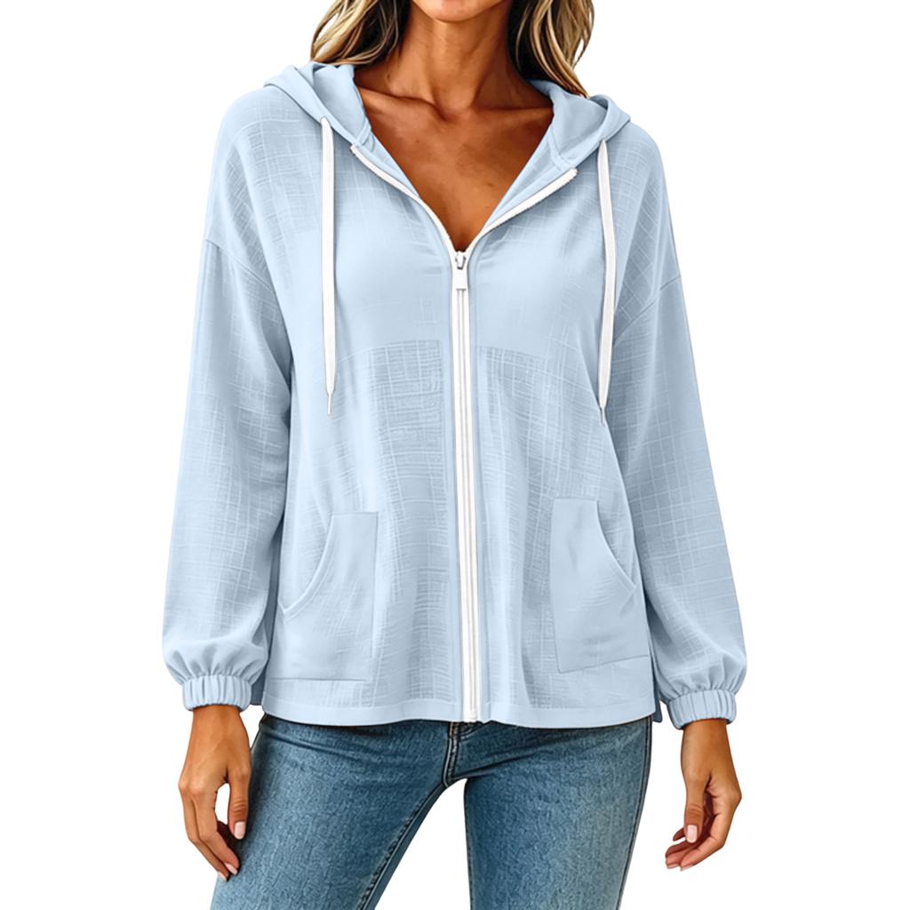 Women's Color Long Sleeve Hooded Zip-Up Jacket with Pockets for Casual Wear