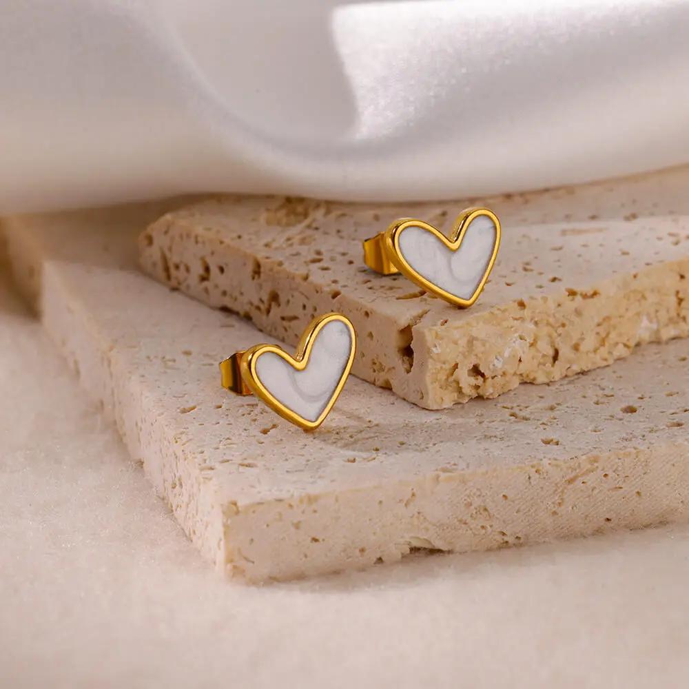 Stainless Steel Enamel White Heart Earring for Women Minimalist Gold Color Stud Earrings Waterproof Vacation Charm Zircon Gifts