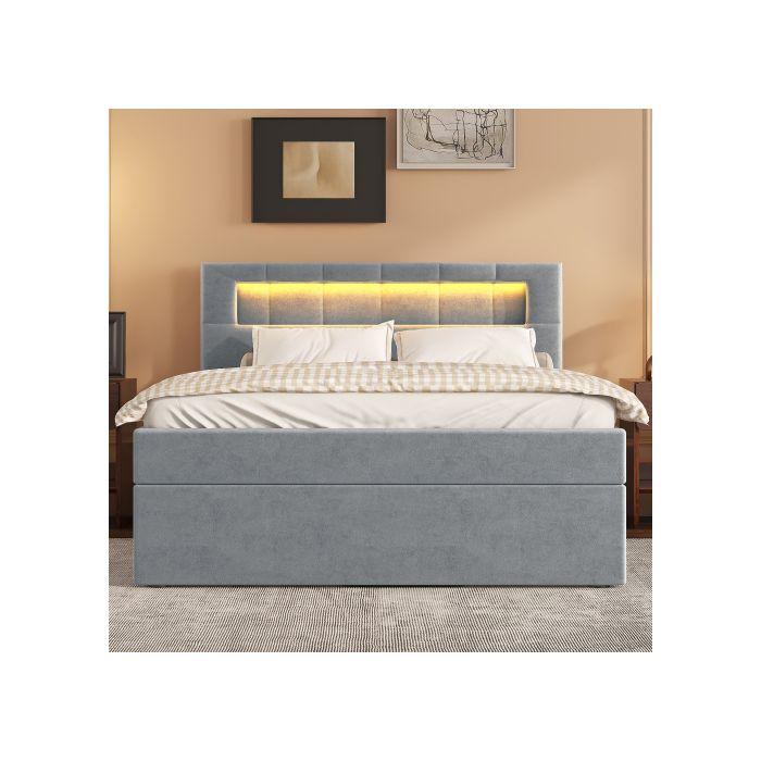 Lit - MUVOE - 90x200 Cm - Rembourré - Lumière D'ambiance - Espace De Rangement