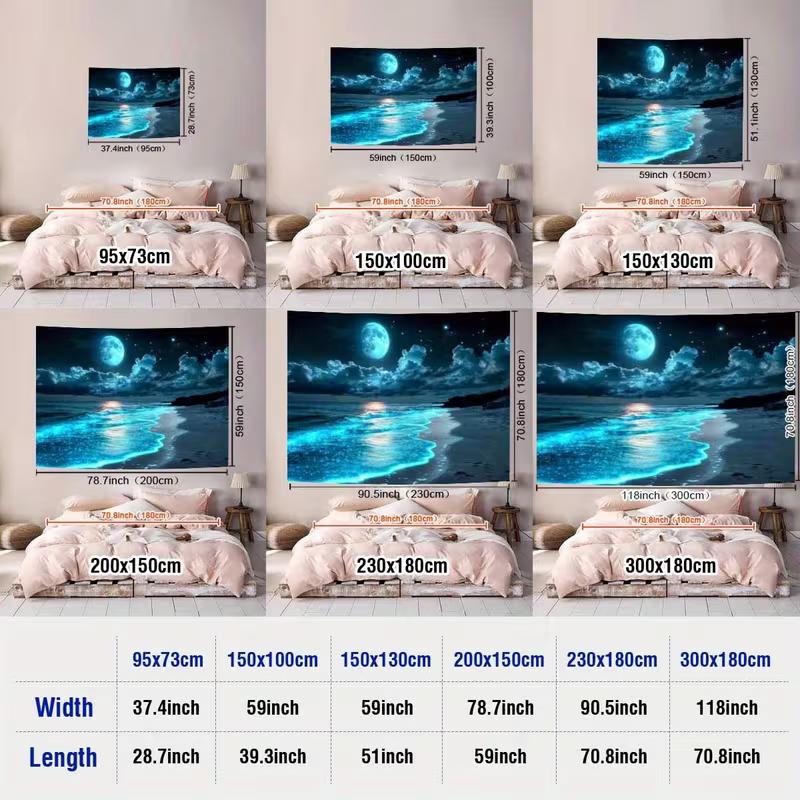 2D Magical Moonlit Beach Tapestry, Blue Glow Ocean Scenery Background