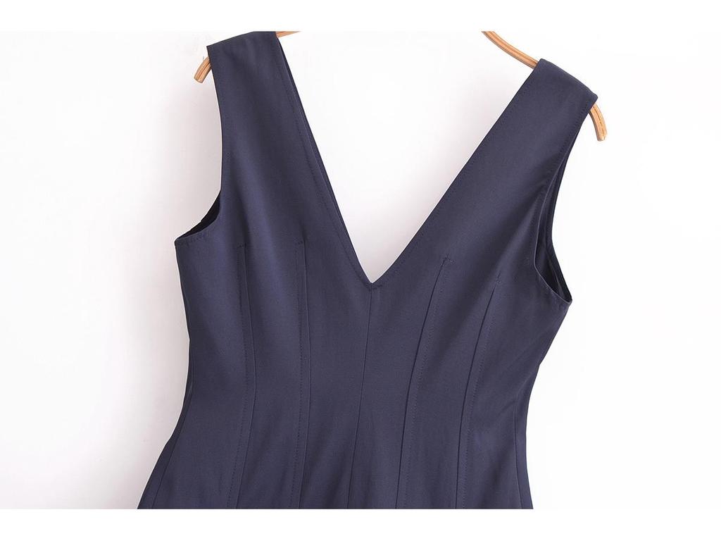 2025 Spring Women's European & American V-Neck Zipper Midi Dress