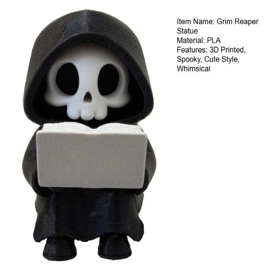 Grim Reaper Reading Figurine, 3D Printed Mini Skull Grim Reaper Statue, Cute Gothic Skeleton Ornament for Bookshelf, Desk, Shelf, Halloween Home Decor