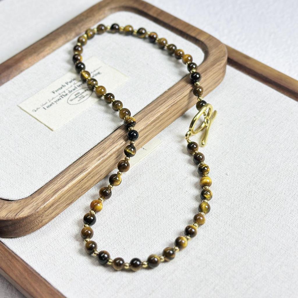 Elegant Tiger Eye & Melanite Beaded Necklace with Stainless Steel OT Buckle - Fashionable Collarbone Chain