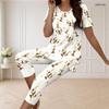 Women Plus Size Printed Round Neck Short Sleeve Flared Top Capri Pants Two Piece Pajama Set