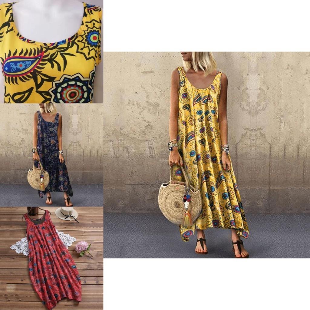 Elegant Womens Summer Sleeveless Holiday Long Boho Kaftan Tank Dress For Beach