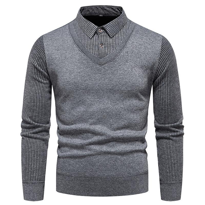 Winter Men's Sweater Knitted Sweater Bottoming Shirt with Fleece Fake Two-piece Shirt Collar Thickened To Keep Warm
