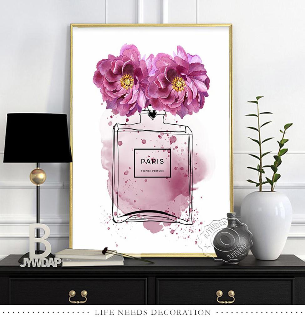 Fashion Illustration Watercolor Floral Prints Art Poster, Flowers Paris Perfume Canvas Painting, Minimalist Wall Decor Girl Gift No Frame