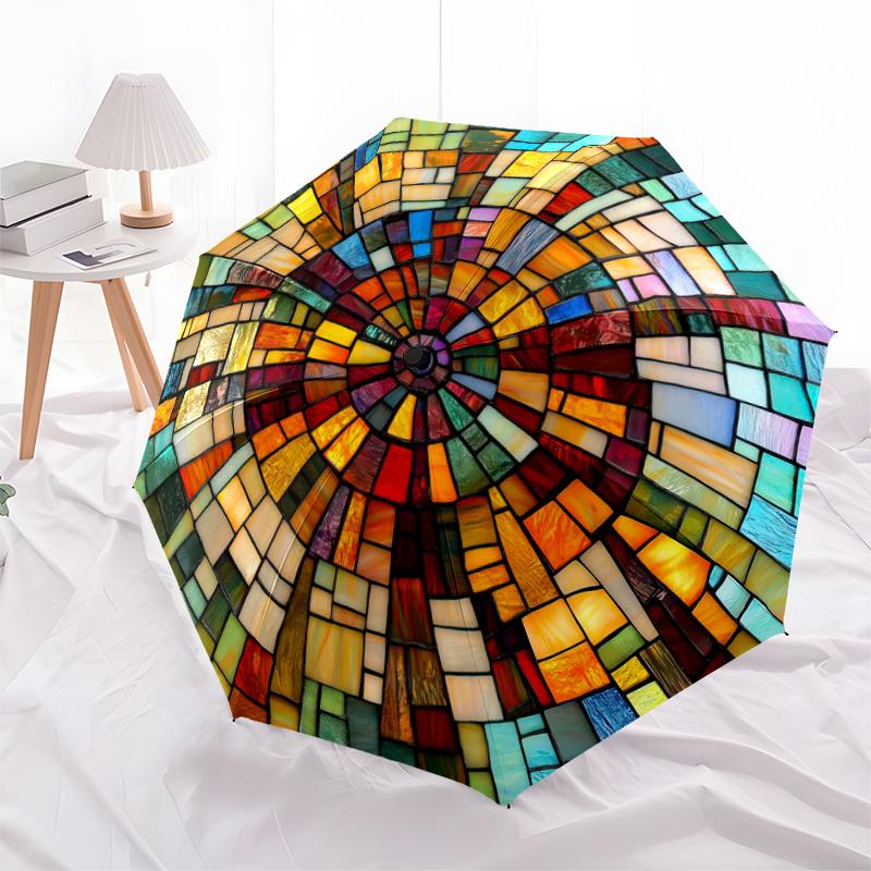1pc Colorful Stained Umbrella - Automatic Open/Close, Portable Folding Umbrella with 8-Rib Sturdy Frame, Durable Iron & Plasti