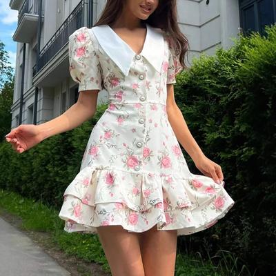Summer Print Puff Sleeves Ruffled Dress Women's V-Neck High Waist Pearl Buttons Mini Dress Female Casual Vacation Fashion Dress