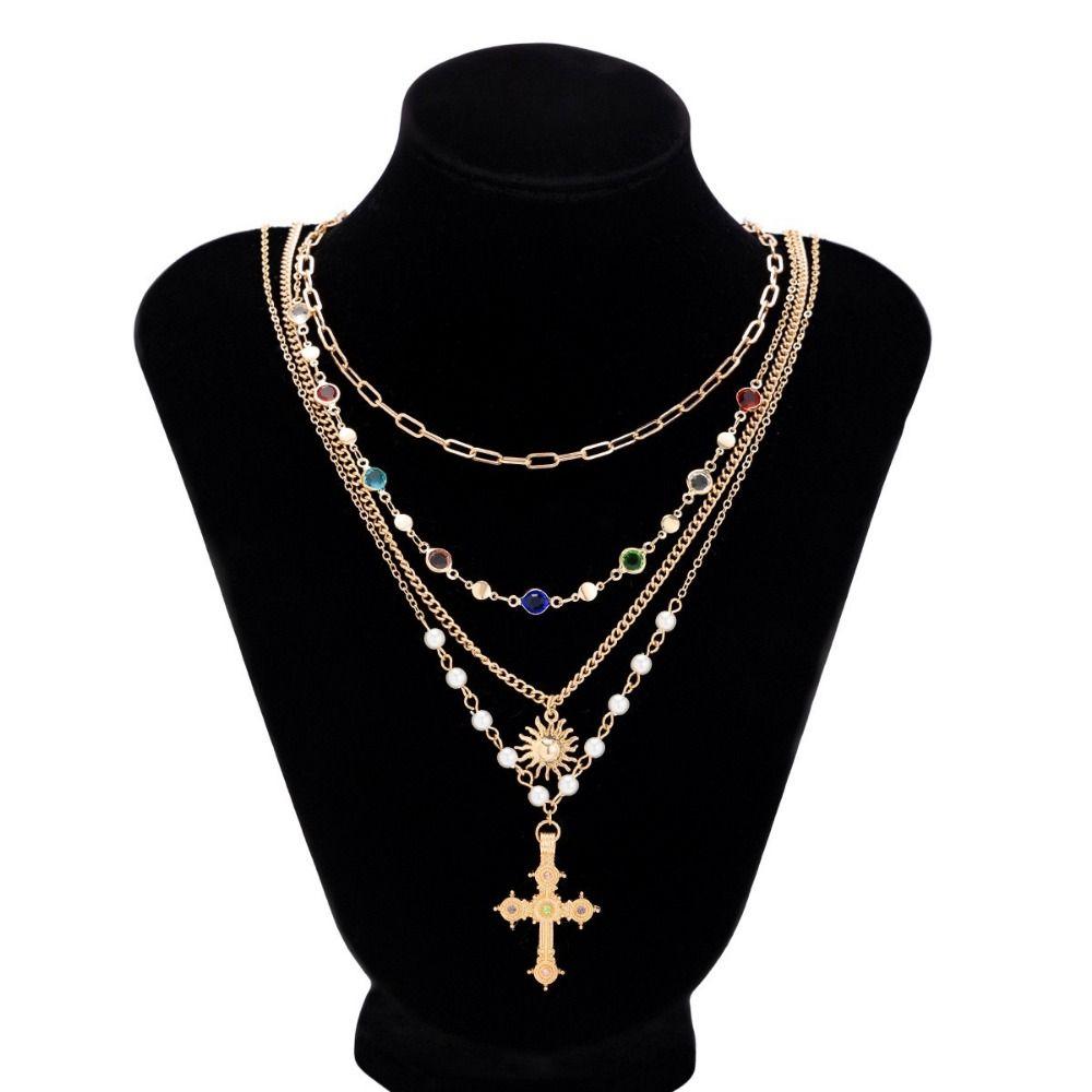 

Exaggeration The Cross Multilayer Necklace Imitation Pearl Clavicle Chain Jewelry Gifts Necklace