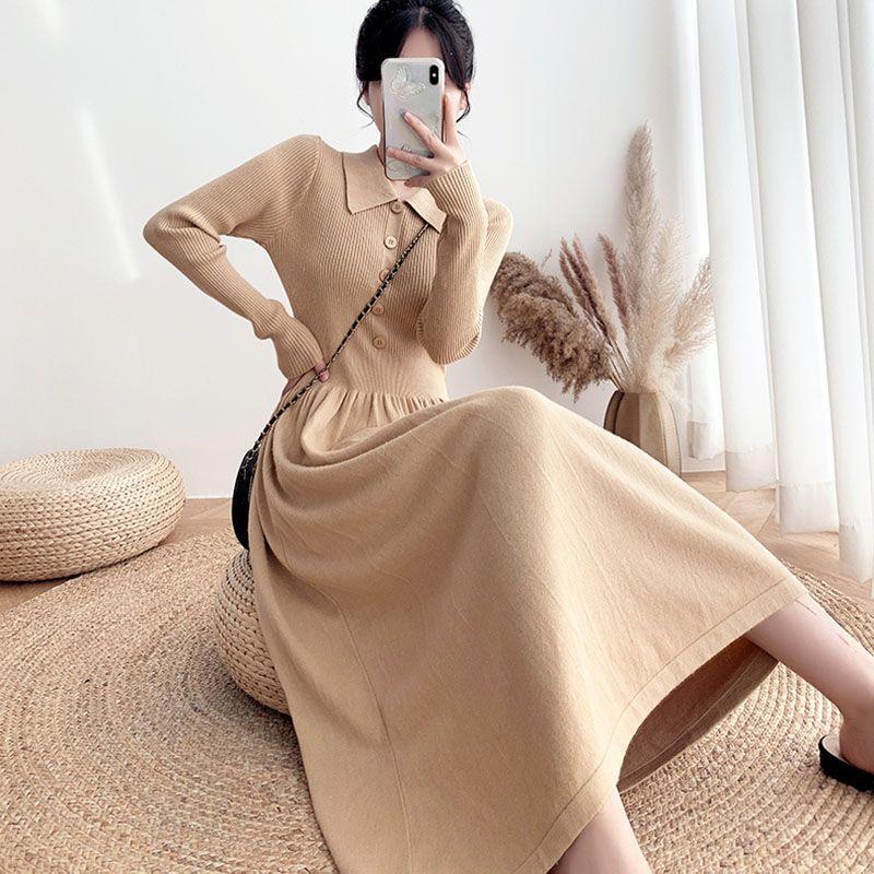 Mid-length Sweater Dress A Versatile Solid Color A-line Knitted Dress for Women Casual and Warm Pullover
