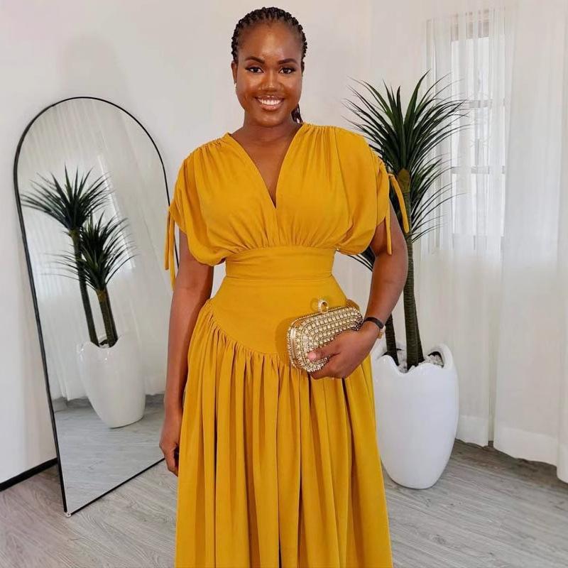 Damen Elegantes Afrikanischer Stil V-Ausschnitt Maxikleid, Kordelzug Hohe Taille Schlankmachendes Langes Formelles Abendpartykleid für Damen