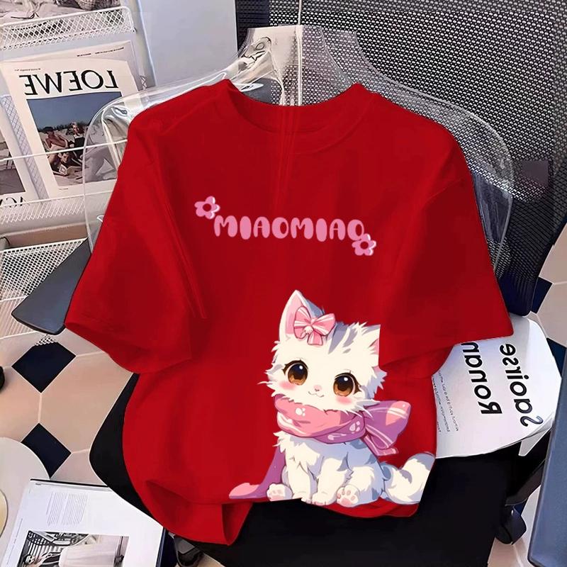 T-shirt Stampata con Grafica di Gatto Cartone Animato per Ragazza Estiva Casual da Donna per Bambini a Maniche Corte Abbigliamento