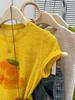 Women's 2025 Summer Slimming Printed Round Neck T-Shirt with Straight Shoulder Design and Short Sleeves