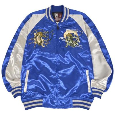 [Yoshida Yu] Jaqueta Casual Sukajan Raijin Fujin Cetim, Azul Prata, Tamanho G