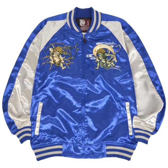 [Yoshida Yu] Sukajan Raijin Fujin Satin Casual Jacket (Blue X Silver, Size LL)