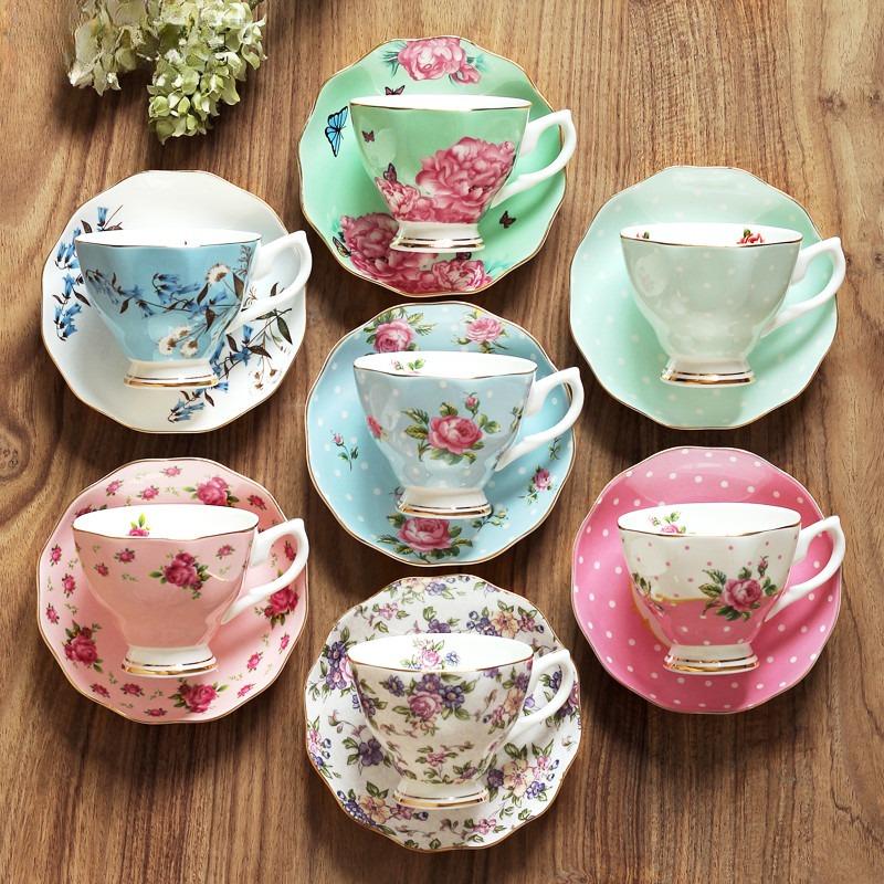 Floral Coffee Cup Sets 170ml Vintage Fine Bone China Tea Cup Spoon and Saucer Set Gold Trim Fine Dining and Table Decor