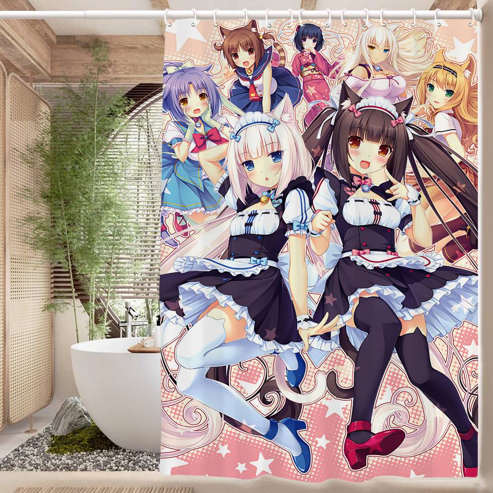 Nekopara Neko Anime Pattern Bathing Curtain Bathroom Shower Curtain Waterproof With 12 Hooks Home Deco