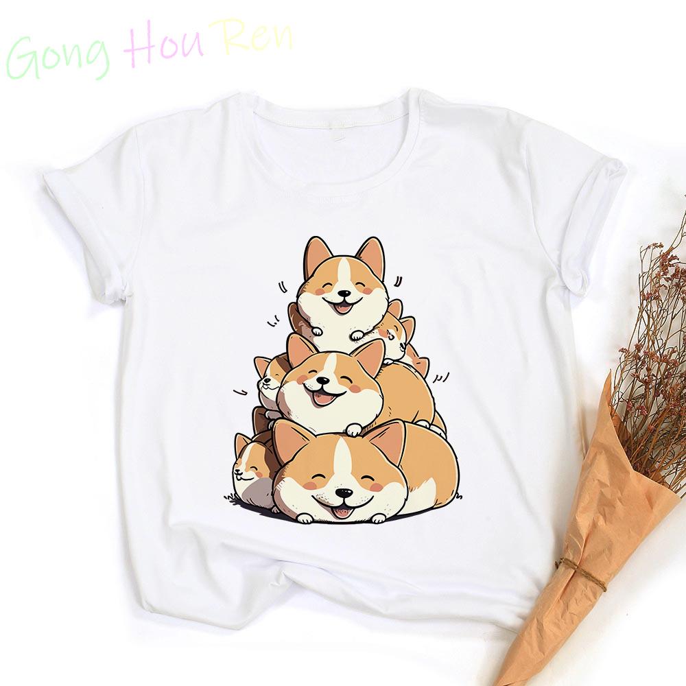 Kawaii Corgi T-shirt Woman Clothing Funny Animal Print Graphic T Shirts Tops Casual Harajuku  Women's Sumer Clothes Short Sleeve