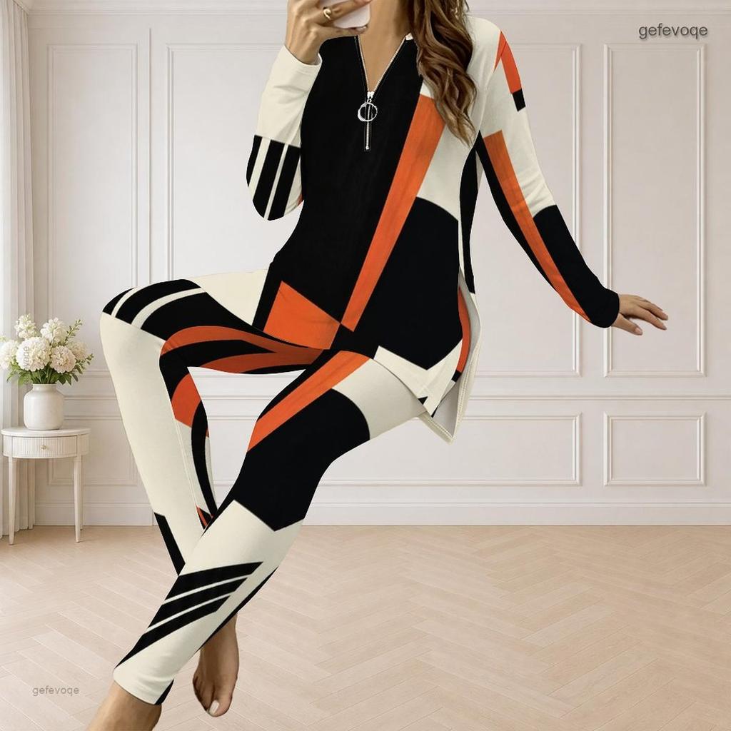 Women Plus Size White Orange Black Geometric Printed Half Zip Long Sleeve Two Piece Pants Set