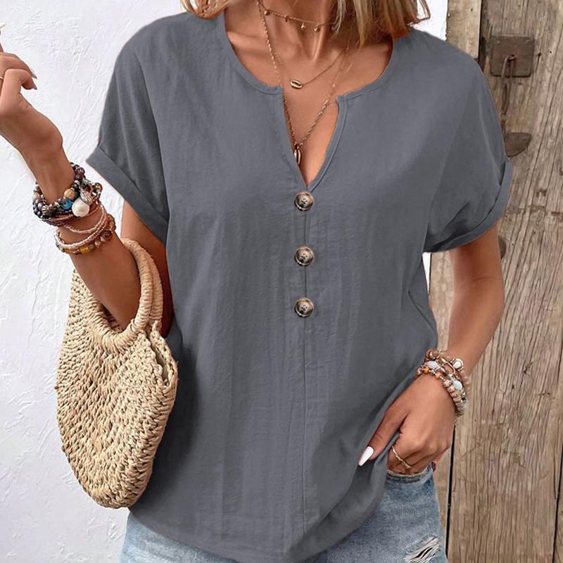 Sommer Damen Button-Down V-Ausschnitt Kurzarmhemd Freizeit Oberteil