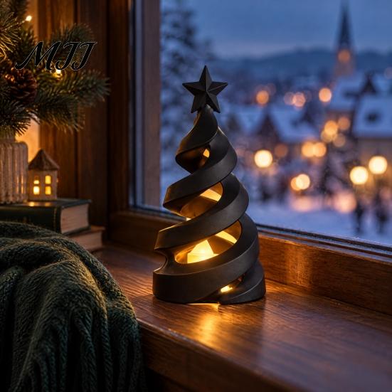 Festive PLA Plastic Art 3D Printed Christmas Tree Candle Holder, Spiral Small Shaped Compact Desktop Holiday Figurine Tealight Stand, Dining