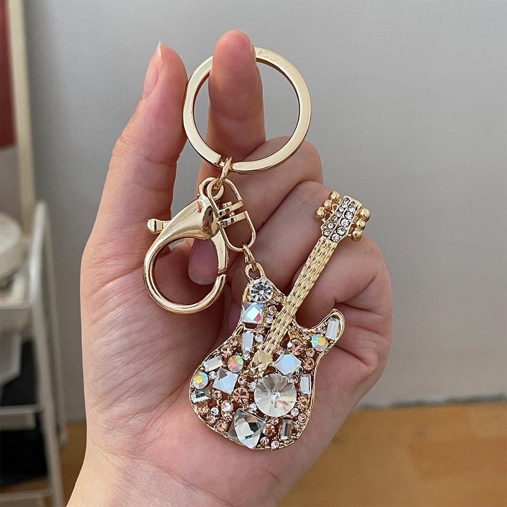 Creative Diamond Guitar Car Keychain Metal Musical Instrument Model Bag Keychain Pendant