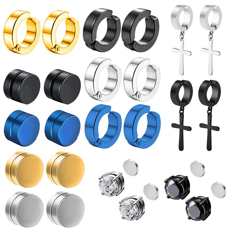 1/12 Pairs Magnetic Ear Clip Set Men and Women Stainless Steel Ring Cross Non-Perforated Fake Gauge Huggie Hoop Earrings Set