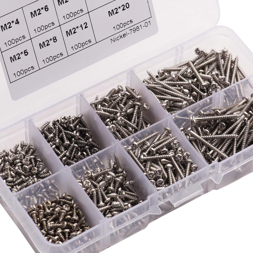 Silver M2 Nickel-Plated Carbon Steel Pan Head Self Tapping Screws (800pcs/Set), Assortment Drilling Screws with Storage Case, 4mm 5mm 6mm 8mm 10mm