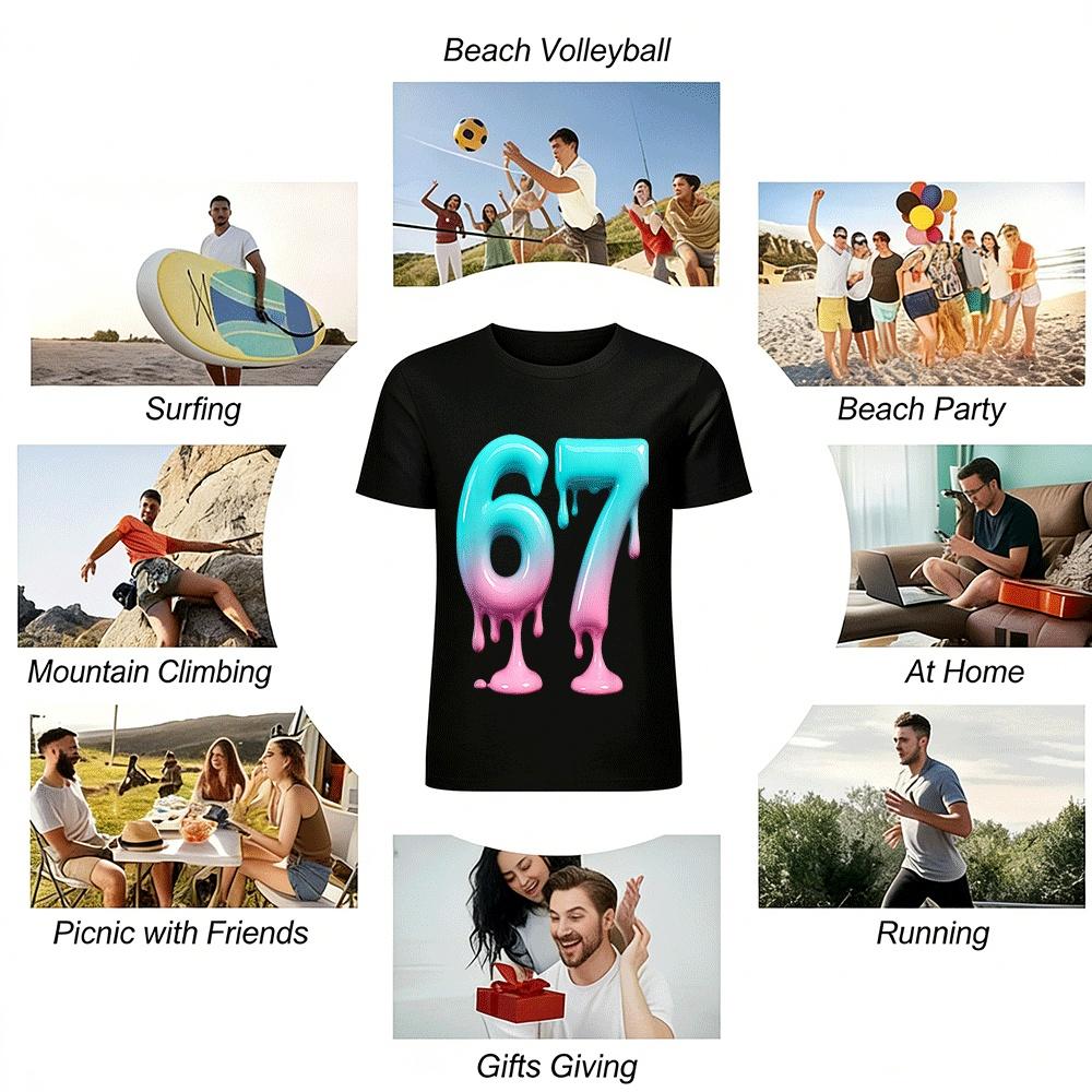 Gradient Fluid Number 67 Print Trendy Casual Short Sleeve Top Pure Cotton T-shirt