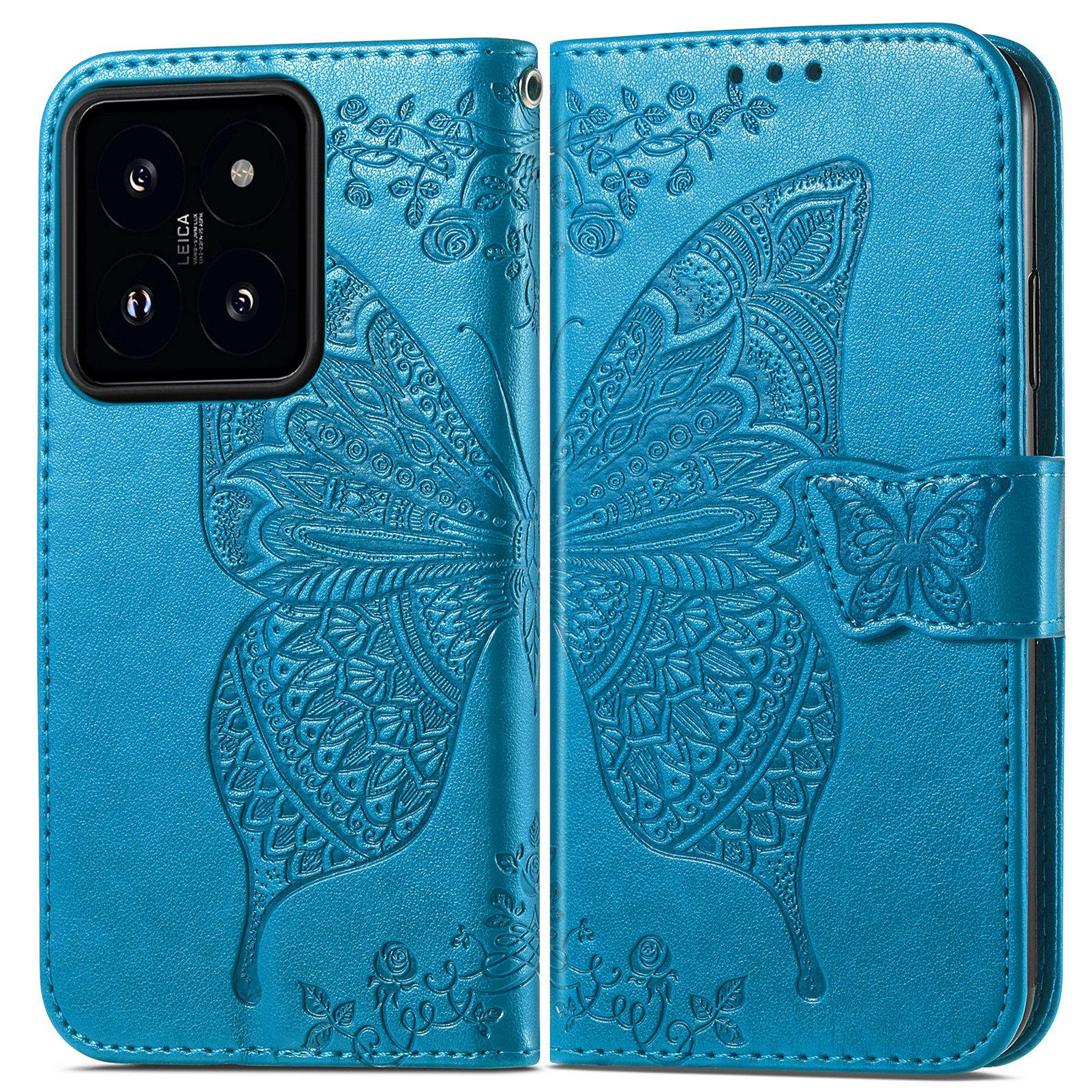 

For Xiaomi 14T Pro Case PU Leather Wallet Phone Cover Butterfly Pattern Blue