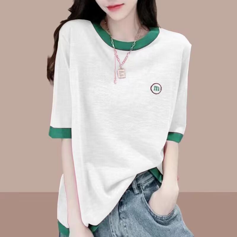 Short-sleeved Bamboo Cotton T-shirt Women's Spring and Summer New Thin Large Size Loose Casual Splicing Half-sleeved Top Women's Clothing
