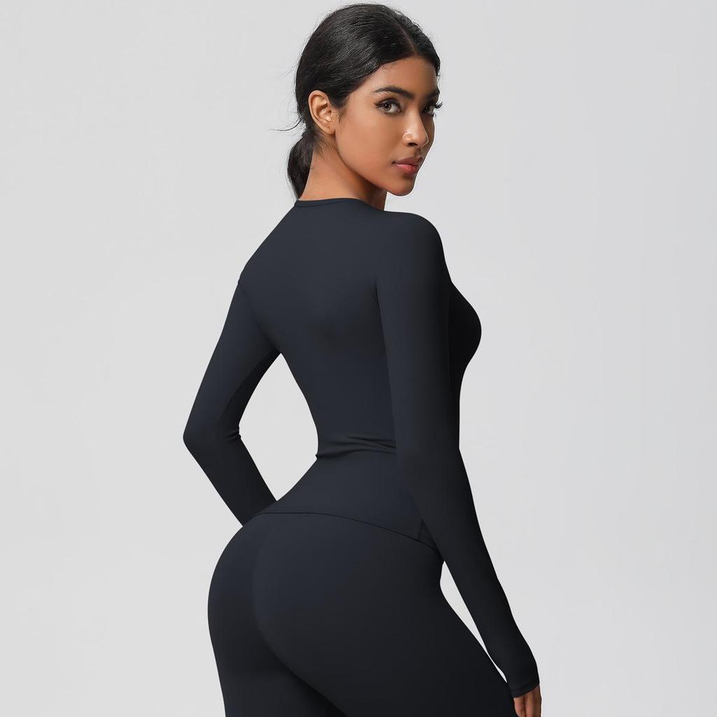 European-American Slim Fit Long Sleeve Yoga Top - Nude, Brushed Feel, Round Neck, High-Intensity Running & Fitness Wear