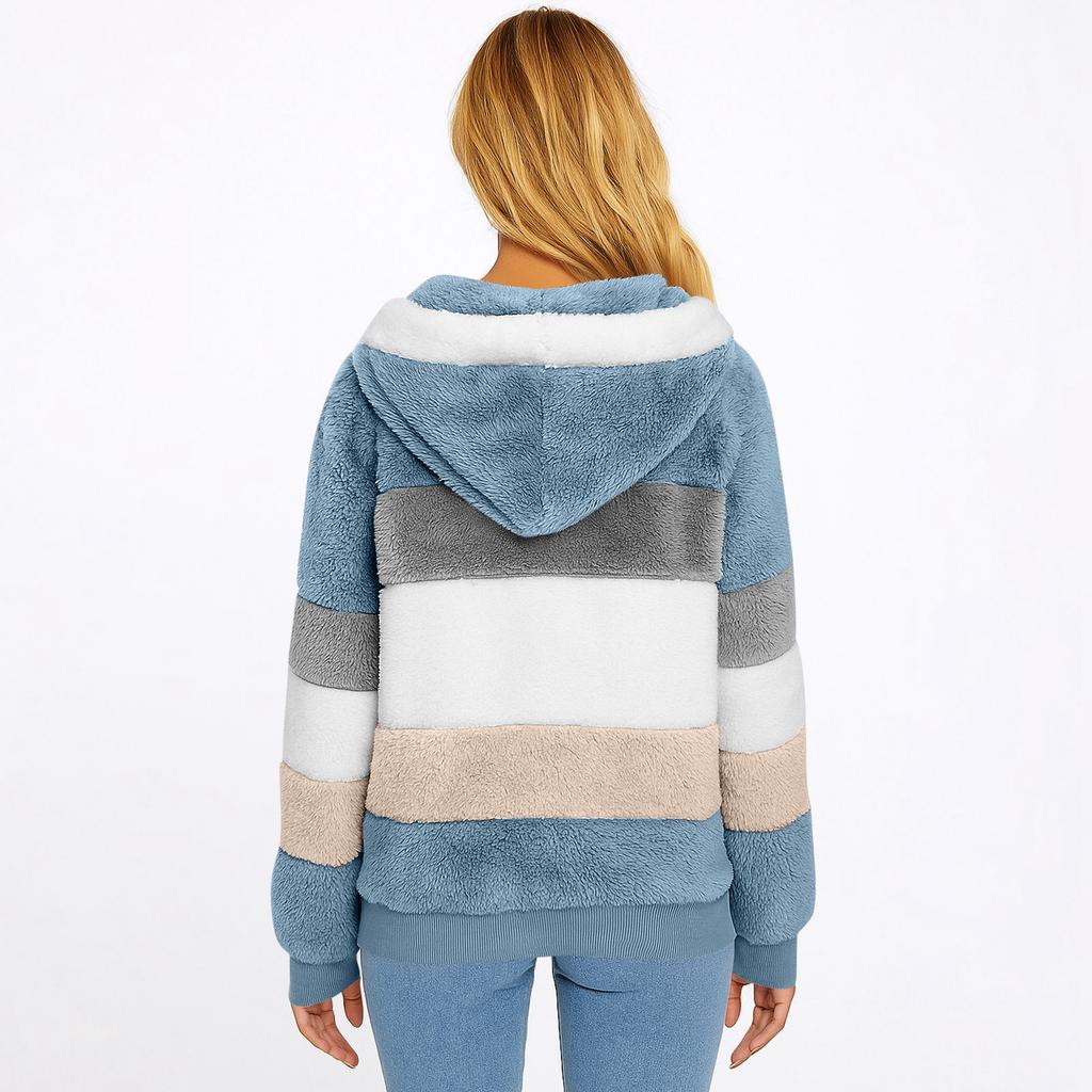 Jaqueta Feminina da Moda em Pelúcia Patchwork com Bolso com Zíper, Capuz e Manga Comprida Solta e Quente